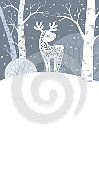 Winter Forest Animal vertical banner. Hand drawn silhouette of deer in patterned Scandinavian style