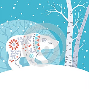 Winter Forest Animal vertical banner. Hand drawn silhouette of polar bear in patterned Scandinavian folk style