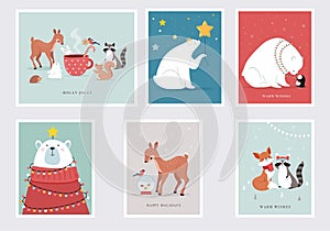 Illustrated Winter Forest Animals With Holiday Wishes For Greeting Cards photo