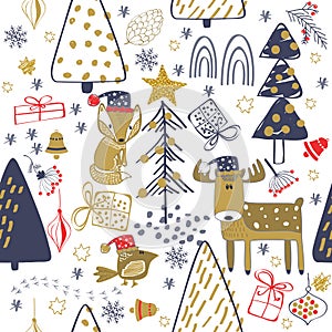 Winter forest background with animals and trees. Seamless pattern