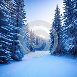Winter forest background with coniferous trees and place for
