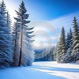 Winter forest background with coniferous trees and place for