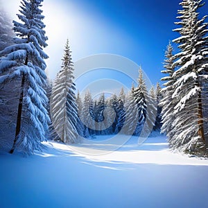 Winter forest background with coniferous trees and place for