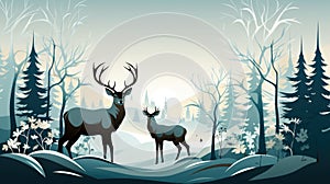 Winter forest background with deer and trees, AI