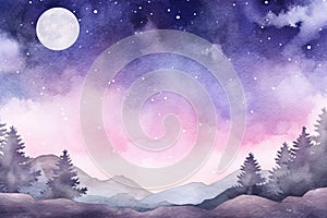 Winter forest background at full moon night