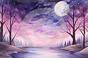 Winter forest background at full moon night