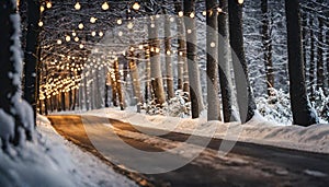 Winter forest background with a road perspective and Christmas