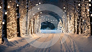 Winter forest background with a road perspective and Christmas