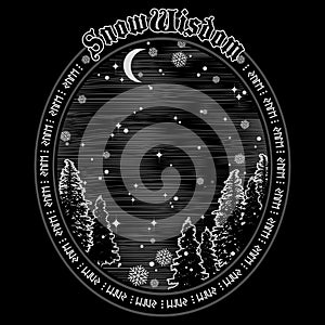 Winter forest on the background of starry sky, Crescent moon and snowflakes. The design on the Celtic holiday of Yule