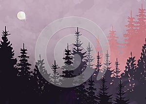 Winter forest background, vector mountain landscape. Christmas tree firs with full moon and pink sky. Watercolor Painting style. photo