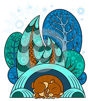 Winter forest, the bear is sleeping in a warm den