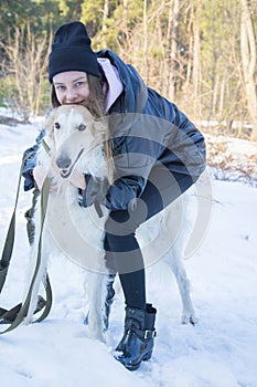 In the winter forest on a bright sunny day, a girl hugs a Russian greyhound dog