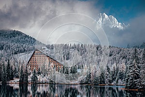 Winter forest in the Carpathians on Lake Strbske pleso