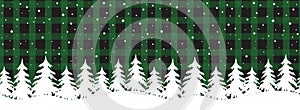Winter forest. Christmas background. Seamless border. Beautiful winter landscape on green black checkered background