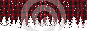 Winter forest. Christmas background. Seamless border. Beautiful winter landscape on red black checkered background