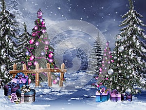 Winter forest with Christmas ornaments