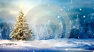 winter forest with Christmas tree, snow white flakes, banner with copy space