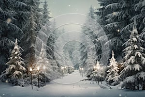 Winter forest with Christmas trees winter nature, holiday background snowy rural landscape winter wonderland