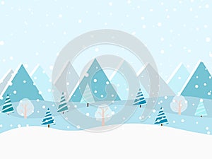 Winter forest at daylight and blue mountains snowy landscape. Vector illustration
