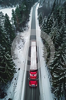 Winter forest drive aerial view of car and truck on road amidst snowy landscape