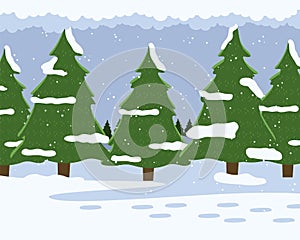 Winter forest with fir-trees, snow-covered spruces, cold snowy weather with falling snowflakes