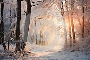 Winter forest with frost and snow, sun rays penetrate through the trees