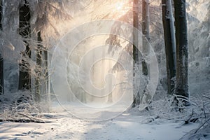 Winter forest with frost and snow, sun rays penetrate through the trees