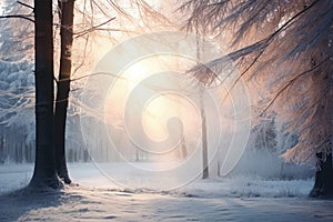 Winter forest with frost and snow, sun rays penetrate through the trees