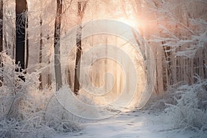 Winter forest with frost and snow, sun rays penetrate through the trees