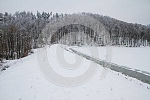 Winter in forest frozen lake