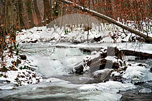 Winter forest, frozen river, winter landscape, ice on the water