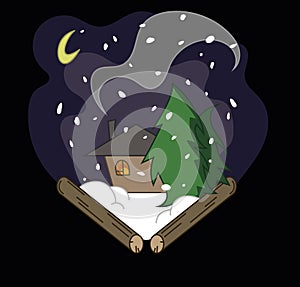 winter forest house on a black background