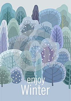 Winter forest illustration. Vector flat design for card, poster, banner. Beautiful template.