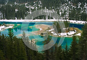 Winter forest lake, Switzerland