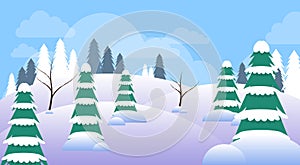 Winter Forest Landscape Christmas Background, Pine Snow Trees Woods
