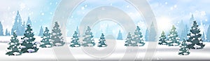 Winter Forest Landscape Horizontal Banner Pine Trees Falling Snow White View Blue Sky Christmas Concept