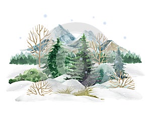 Winter forest landscape nature scene. Watercolor illustration. Hand drawn snow, mountains, trees, bush. Winter wild