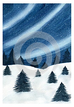 Winter forest landscape with northern lights, blue monochrome  watercolor painting