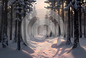 winter forest landscape with path ai generated
