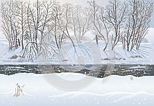 Winter forest landscape with river