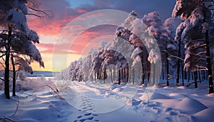 Winter forest landscape tranquil scene, snow covered trees, sunset blue beauty generated by AI