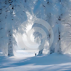 Winter forest landscape. Trees covered with pure white snow in cold winter