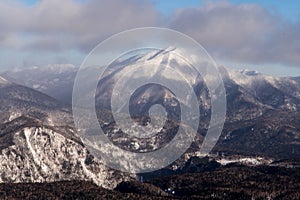 Winter forest landscape view from Mount Kurodake.