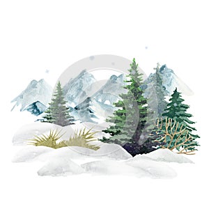 Winter forest landscape. Watercolor illustration. Hand drawn snow, mountains, trees, bush. Winter wild nature landscape