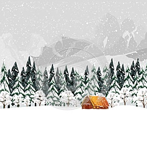 Winter forest landscape with Wood Barn,Fir Trees and Pines in Snowy day.Vector cartoon horizon coniferous forest with snow falling