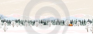 Winter forest landscape with Wood Barn,Fir Trees and Pines in Snowy day.Vector cartoon horizon coniferous forest with snow falling