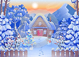 Winter forest landscape with wooden house, mountains, moon and starry sky, snowman, Christmas tree. Vector drawing illustration in