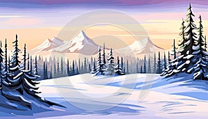 Winter forest in mountains covered in snow. snow covered fir trees landscape vector illustration