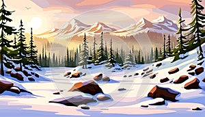 Winter forest in mountains covered in snow. snow covered fir trees landscape vector illustration