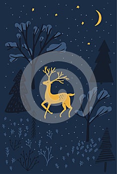 Winter forest night with yellow deer, spruce and naked trees. Christmas card design. Winter wonderland, scandinavian